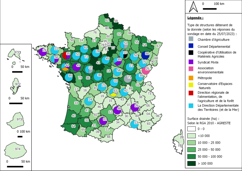 Les types de structures détenant de l'information sur le drainage en France, en fonction de leur département